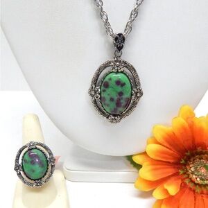 Stainless Steel and Ruby Zoisite Pendant Necklace and Ring Set Size 6